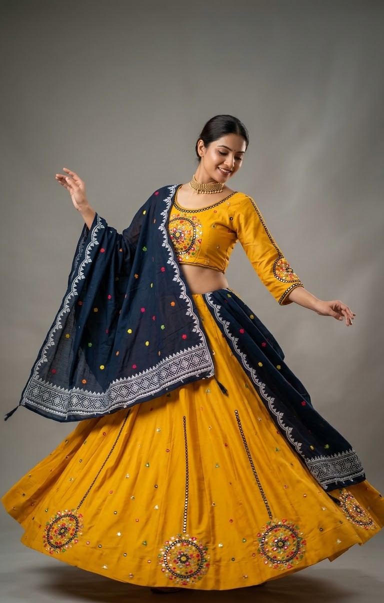 VyoJin Teal and Orange Printed Chaniya Choli